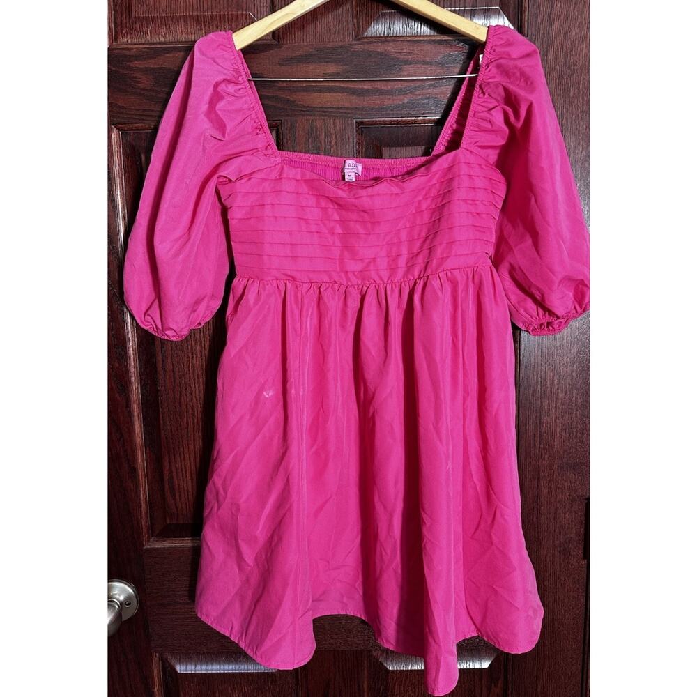 Mi Ami Francescas Babydoll Mini Dress M Hot Pink Smocked Puff Sleeve Square Neck